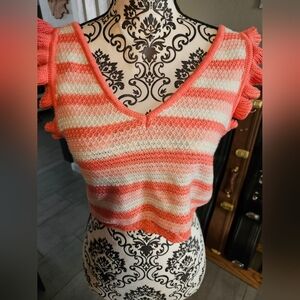 Coral and White Striped V-Neck Sweater